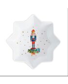 Servicio de aperitivos con 3 cuencos de porcelana y bandeja vintage multicolor con forma de cascanueces, 34 x 12 x 2 cm