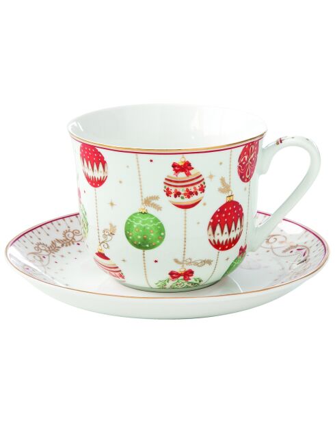 Taza y platillo de desayuno de porcelana multicolor para Nochebuena, 370 ml