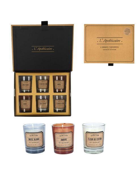 Set de 6 velas aromáticas en caja de botica gris/marrón/blanca
