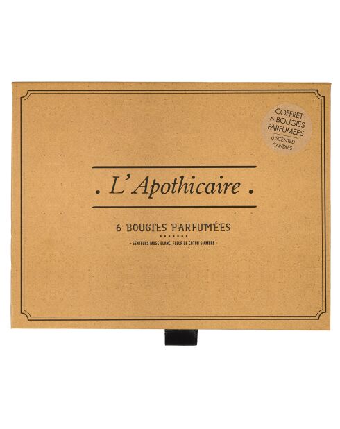 Set de 6 velas aromáticas en caja de botica gris/marrón/blanca