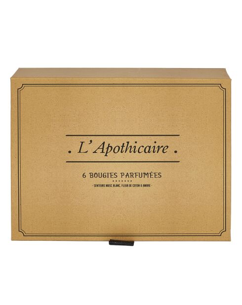 Set de 6 velas aromáticas en caja de botica gris/marrón/blanca