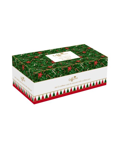 Set aus 4 mehrfarbigen Kaffeetassen Fancy Christmas aus Porzellan mit Untertasse — 27 x 16 x 11 cm