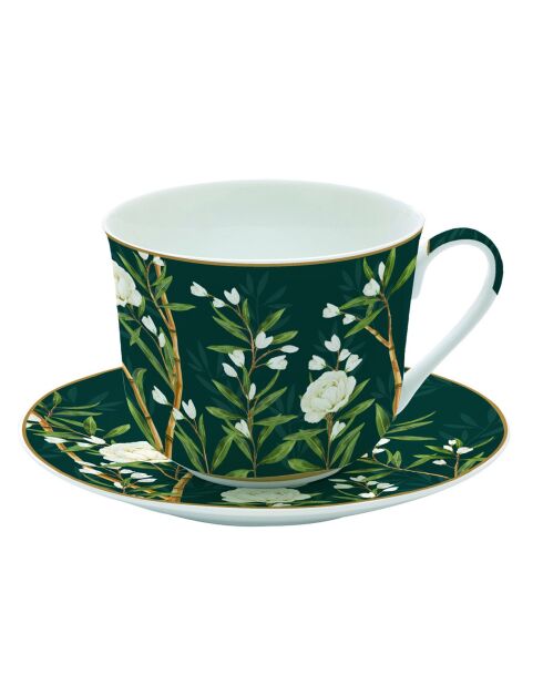 Royal Peonies, tazza da colazione in porcellana multicolore con piattino, 400 ml