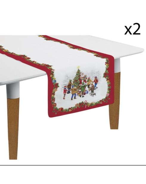 Juego de 2 caminos de mesa navideños redondos de algodón multicolores, 140 x 45 cm