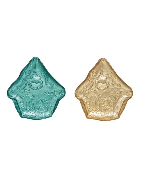 Juego de 2 platos de postre de cristal para dulces navideños azules y dorados, 16,5 x 15 x 2 cm