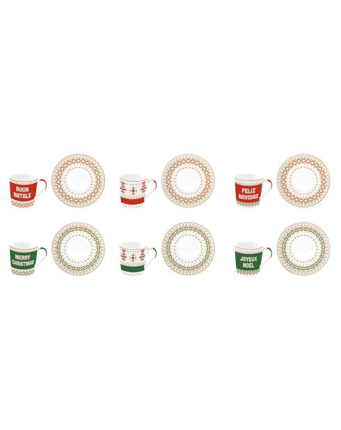 Juego de 6 tazas y platillos de café de porcelana multicolor Enjoy Your Christmas, 100 ml