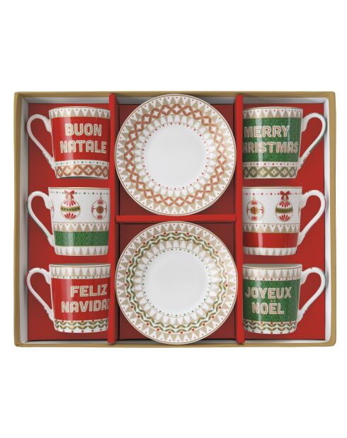 Juego de 6 tazas y platillos de café de porcelana multicolor Enjoy Your Christmas, 100 ml