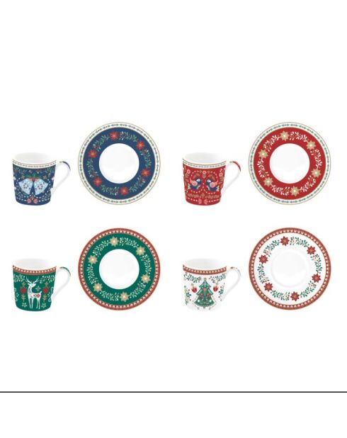 Juego de 4 tazas y platillos de porcelana Christmas Folk multicolores, 100 ml