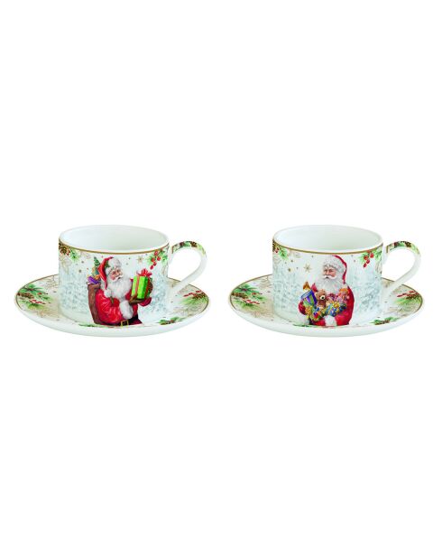 Set de 2 tazas de porcelana multicolor de Santa Is Coming con platillo, 16 x 16 x 10 cm