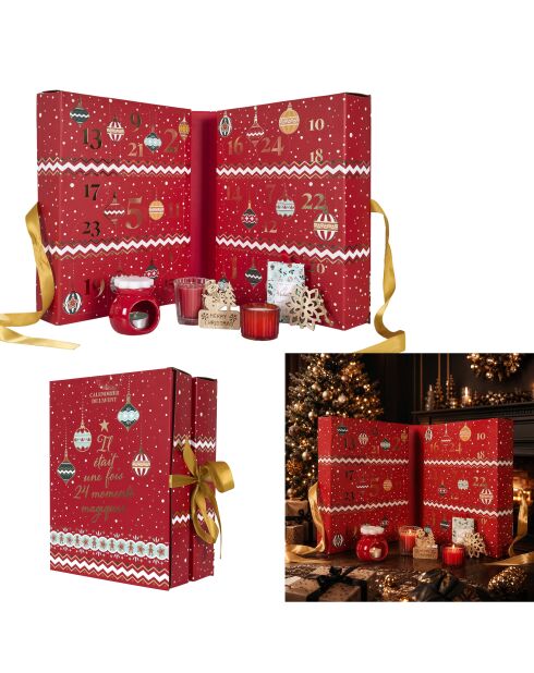 Calendario de adviento con velas y sorpresas navideñas, color rojo, 25,2 x 33,5 x 13,2 cm