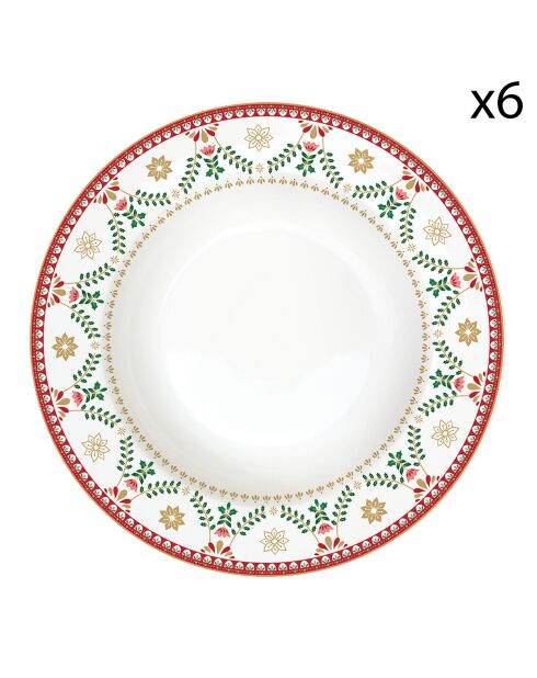 Set mit 6 mehrfarbigen Suppentellern aus Christmas Folk aus Porzellan — 21,5 x 21,5 x 3,5 cm