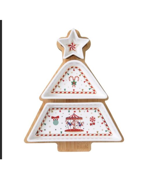 Set de aperitivo multicolor Christmas Wonderland con 3 cuencos y bandeja de porcelana, 21 x 25 x 5,5 cm