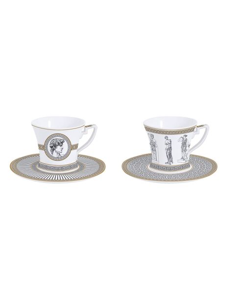 Set de 2 tazas y platillos de té de porcelana paladio blanca, 80 ml