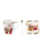 Taza de porcelana multicolor Santa Is Coming con cuchara y posavasos de corcho, 350 ml