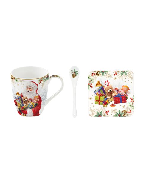 Santa Is Coming Mehrfarbige Porzellantasse mit Löffel und Korkuntersetzer, 350 ml