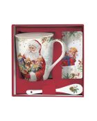 Taza de porcelana multicolor Santa Is Coming con cuchara y posavasos de corcho, 350 ml