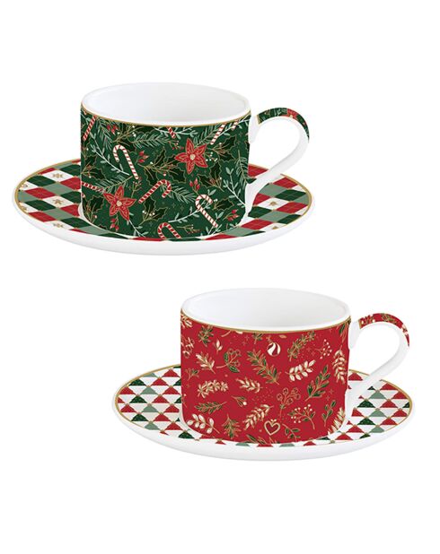 Set de 2 tazas de porcelana con platillo Fancy Christmas multicolor - 240 ml