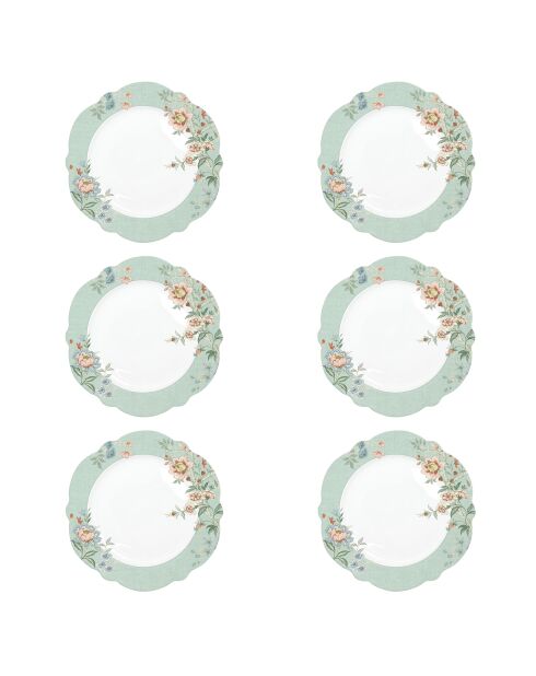 Juego de 6 platos llanos multicolores de porcelana verde Zen Garden, 26 x 26 x 1,5 cm