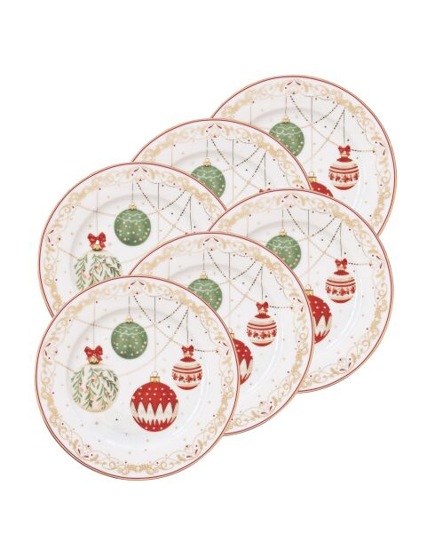 Juego de 6 platos de porcelana multicolor para aperitivos o postres de Nochebuena, 19 x 19 x 1,5 cm
