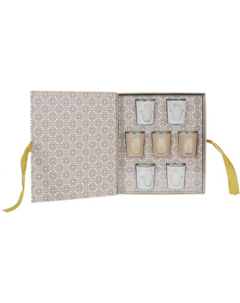 Set de 7 velas aromáticas en una caja dorada de aromas orientales, 6 x 6 x 6 cm