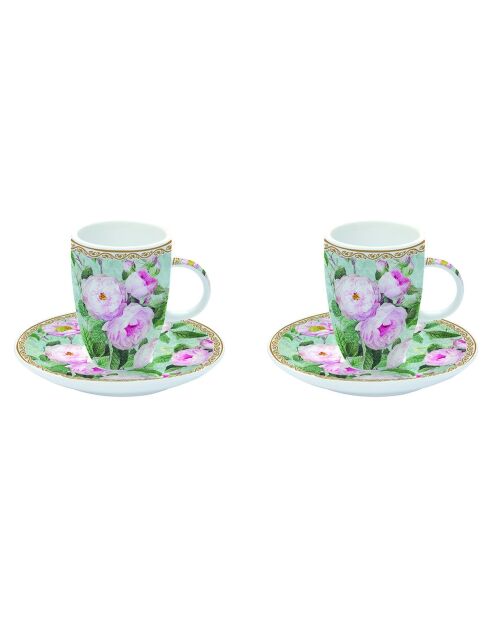 Juego de 2 tazas de café de porcelana multicolores con platillos de Roses In Bloom, 11 x 11 x 10 cm