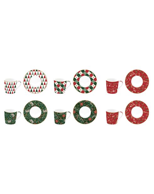Juego de 6 tazas de café de porcelana navideña de lujo multicolores con platillo, 100 ml