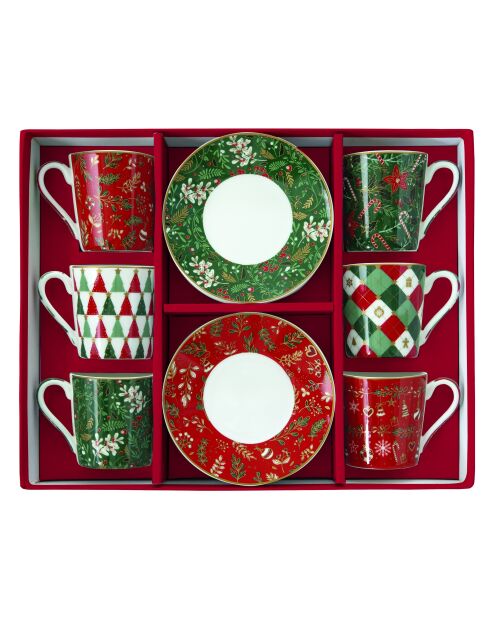 Juego de 6 tazas de café de porcelana navideña de lujo multicolores con platillo, 100 ml