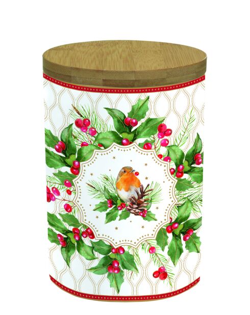 Tarro de porcelana Christmas Berries con tapa de bambú multicolor, 11 x 11 x 16 cm