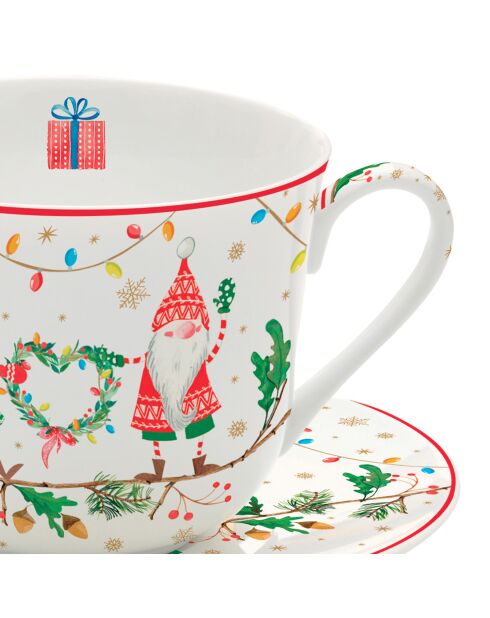 Ready For Christmas porseleinen ontbijtkop en schotel meerkleurig - 400ml
