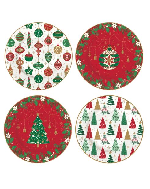 Lot de 4 assiettes à dessert en porcelaine Jingle Bells multicolores - 19 x 19 x 1,5 cm