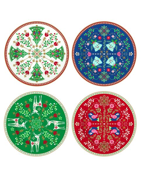 Set mit 4 mehrfarbigen Desserttellern aus Christmas Folk aus Porzellan, 19 x 19 x 1,5 cm