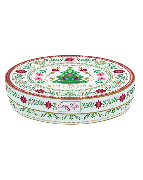 Set mit 4 mehrfarbigen Desserttellern aus Christmas Folk aus Porzellan, 19 x 19 x 1,5 cm