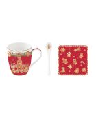 Hochwertige Tasse aus feinem Porzellan mit mehrfarbigem Fancy Gingerbread Korklöffel und Untersetzer — 350 ml
