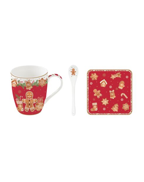 Taza de porcelana fina de alta calidad con cuchara y posavasos de corcho Fancy Gingerbread multicolores, 350 ml