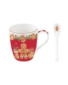 Hochwertige Tasse aus feinem Porzellan mit mehrfarbigem Fancy Gingerbread Korklöffel und Untersetzer — 350 ml