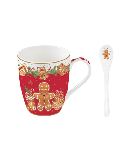 Taza de porcelana fina de alta calidad con cuchara y posavasos de corcho Fancy Gingerbread multicolores, 350 ml