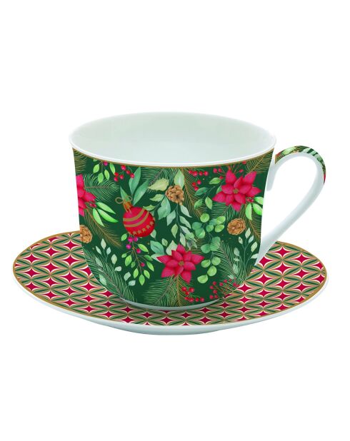 Christmas Joy porseleinen ontbijtkop en schotel veelkleurig - 400ml