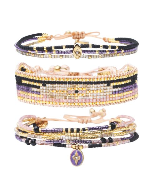 3 Bracelets Violet de Nuit doré/violet/blanc