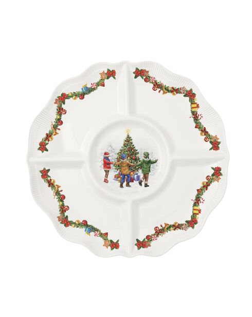 Bandeja para aperitivos Christmas Round Dance de porcelana multicolor con forma de cerdo, 30,5 x 30,5 x 3 cm
