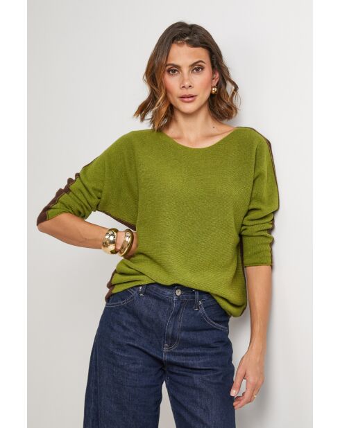 Pullover bohemien in misto lana oliva/cioccolato