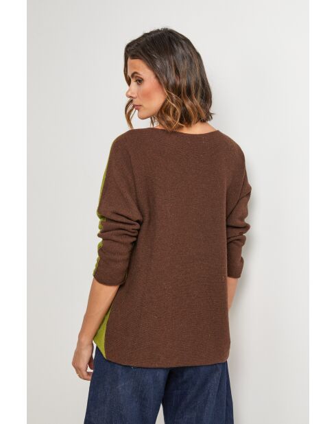 Pullover bohemien in misto lana oliva/cioccolato