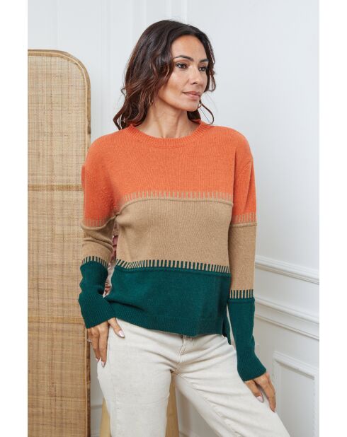 Lurcia wollen trui brick/camel/bottle groen