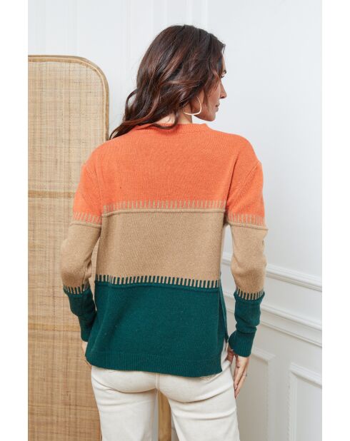 Lurcia wollen trui brick/camel/bottle groen