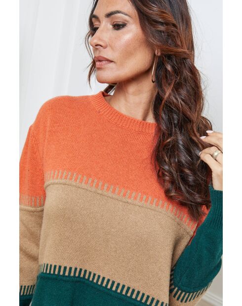 Lurcia wollen trui brick/camel/bottle groen