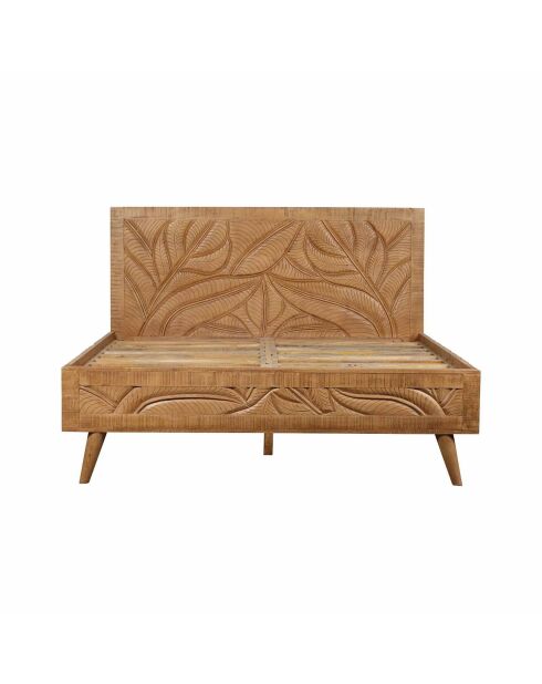 Lit sculpté 160 cm en bois massif manguier Floria beige - 165 x 212 x 110 cm