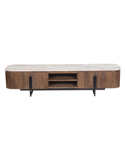 Meuble TV 4 portes, 2 niches plateau marbre Manguier Kfir III marron - 180 x 40 x 45 cm