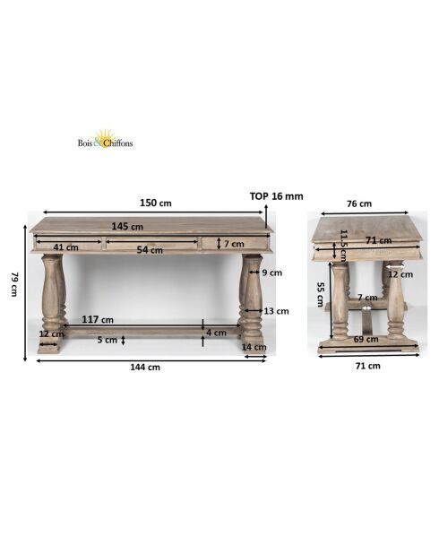 Bureau 3 tiroirs Warwick beige - 152 x 76 x 78 cm