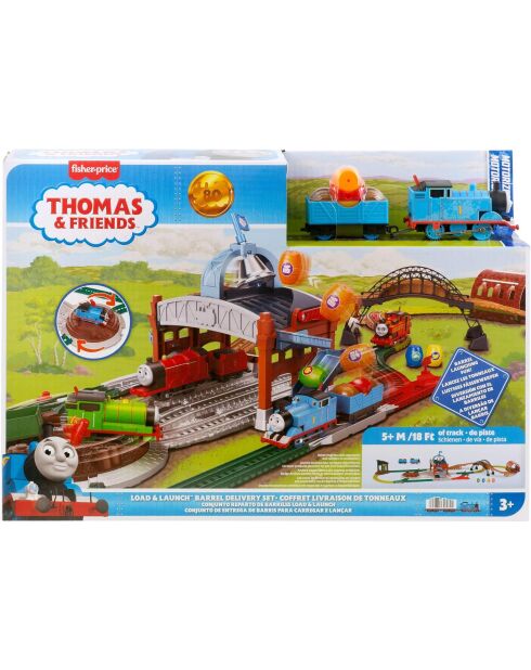 Thomas et Ses Amis Coffret Lancement de tonneaux motorisé avec Locomotive motorisée Classique et Wagon de Chargement 5,5 mètres de Piste multicolores 4 ans +
