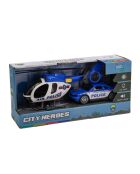¡Set de helicóptero y coche de policía con luces parpadeantes y efectos de sonido de City Heroes! en una escala de 1:14 en color azul para mayores de 4 años
