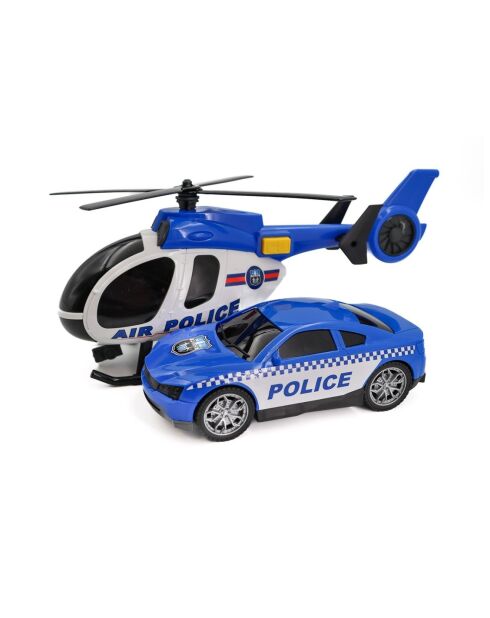 ¡Set de helicóptero y coche de policía con luces parpadeantes y efectos de sonido de City Heroes! en una escala de 1:14 en color azul para mayores de 4 años